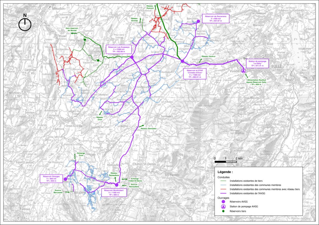 Carte réseau contenant les installations existantes : de tiers, des communes membres et de l'AVGG (Association Veveyse-Glâne-Gruyère) ainsi que les ouvrages (réservoirs et station de pompage).